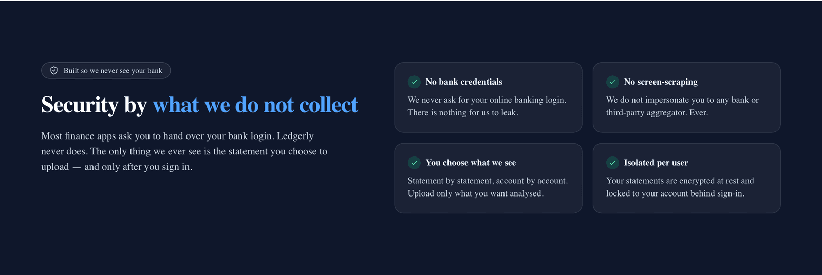 The security section, framed around what Ledgerly does not collect